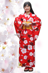 Cho thuê trang phục Kimono Nhật Bản nữ đỏ hoa đào đẹp, chất lượng