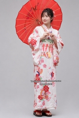 Cho thuê trang phục Kimono Nhật Bản nữ kem hoa đỏ đẹp, chất lượng