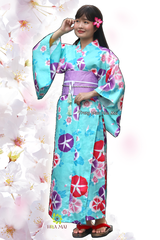 Cho thuê trang phục Kimono Nhật Bản nữ xanh hoa tím đẹp, chất lượng