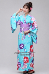 Cho thuê trang phục Kimono Nhật Bản nữ xanh hoa tím đẹp, chất lượng