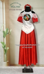 Cho thuê trang phục đồ múa dân gian đương đại nữ quần váy đỏ yếm trắng ô tròn đẹp, giá tốt