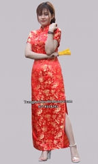 Cho thuê trang phục sườn xám nữ dài gấm đỏ hoa vàng đẹp, quyến rũ, tôn dáng, chất lượng, giá tốt