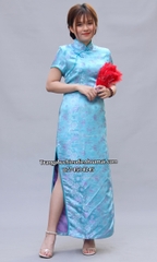 Cho thuê trang phục sườn xám nữ dài gấm xanh dương đẹp, quyến rũ, tôn dáng, chất lượng, giá tốt