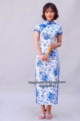 Cho thuê trang phục sườn xám Trung Quốc hoa văn xanh dương đẹp, chất lượng, ôm dáng, quyến rũ, giá tốt