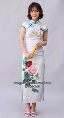 Cho thuê đồ trang phục sườn xám trung quốc trắng viền xanh lá đẹp, chất lượng, giá tốt