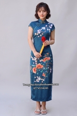 Cho thuê sườn xám lụa dài xanh dương đậm đẹp, ôm dáng, quyến rũ, chất lượng giá tốt
