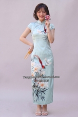 Cho thuê sườn xám lụa dài xanh ngọc đẹp, ôm dáng, quyến rũ, chất lượng, giá tốt