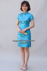 Cho thuê sườn xám nữ ngắn gấm xanh dương đẹp, quyến rũ, tôn dáng, chất lượng, giá tốt