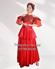 Cho thuê trang phục đồ múa dân gian váy yếm đỏ gấm đẹp, giá tốt