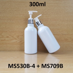 Chai trắng cổ cao tròn vòi van xi bạc bóng KO viền 300ml