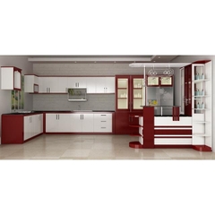 Tủ bếp inox acrylic cánh màu đỏ - trắng góc L