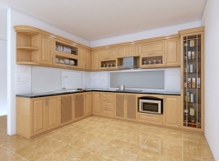 Tủ bếp inox cánh gỗ vàng nhạt với thiết kế tủ rượu