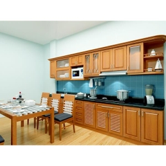 Tủ bếp inox inox cánh gỗ hương chữ I vàng nhạt ốp bếp xanh
