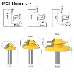 Bộ 3 mũi phay cắt mộng gỗ 45 độ cốt 12.7mm