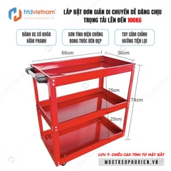 Xe đẩy dụng cụ 3 tầng có khóa bánh, tay cầm, độ dày 1mm, chắc chắn HTD-08