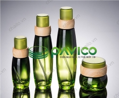 Vỏ chai lọ thủy tinh xanh lục nắp acrylic giả gỗ