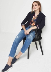 Jeans ZR 9t rách nhẹ lưng cao, thêu bướm, tua lai.