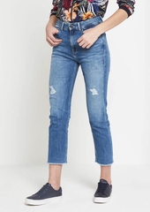 Jeans ZR 9t rách nhẹ lưng cao, thêu bướm, tua lai.