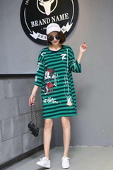 Đầm thun sọc ngang phối hình Micky