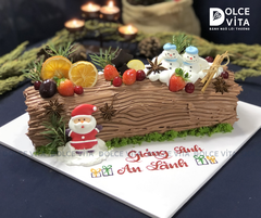 C046 Bánh khúc cây (Yule Log Cake for Christmas) trang trí cookie cây thông, người tuyết