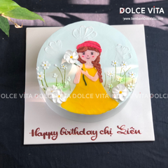 [1340] (90) Bánh kem vẽ chibi cô gái bên vườn hoa