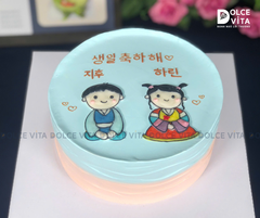 [1639] (110) Bánh kem vẽ bé trai - bé gái trong trang phục Hanbok - dành tặng cho em bé Hàn Quốc