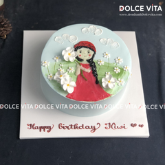 [1340] (90) Bánh kem vẽ chibi cô gái bên vườn hoa