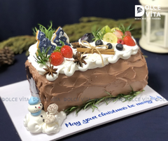 C045 Bánh khúc cây (Yule Log Cake for Christmas) trang trí cookie cây thông, người tuyết