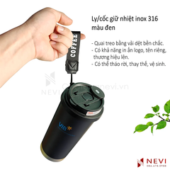 bình giữ nhiệt 500ml màu đen có quai xách bằng vải dệt tiện lợi dễ sử dụng