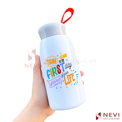 mẫu bình giữ nhiệt inox 304, thể tích 520ml, màu trắng, in hình làm quà tặng đẹp, cung cấp bởi Quà tặng Nevi