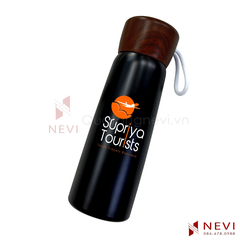 bình giữ nhiệt nắp gỗ có quai xách màu đen, cung cấp bởi Quà tặng Nevi