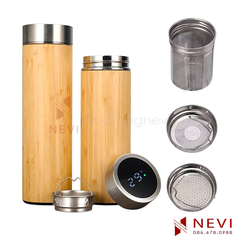 bình nước bằng tre, nắp có màn hình hiển thị nhiệt độ, lưới lọc trà, rọ pha trà bằng inox cung cấp bởi Quà tặng Nevi