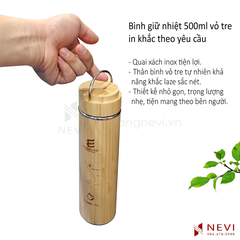 bình giữ nhiệt vỏ tre khắc tên có quai xách inox tiện lợi