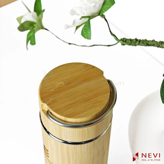 bình giữ nhiệt vỏ tre khắc tên có quai xách inox