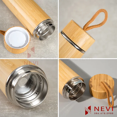 Bình giữ nhiệt vỏ tre có lưới lọc trà inox 304 và có quai dây cung cấp bởi Quà tặng Nevi