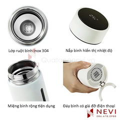 Cấu tạo bình giữ nhiệt có màn hình Led hiển thị nhiệt độ, và giá đỡ điện thoại cung cấp bởi Quà tặng Nevi