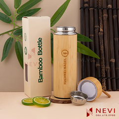 dịch vụ in khắc logo bình giữ nhiệt vỏ tre có quai xách, cung cấp số lượng lớn toàn quốc bởi Quà tặng Nevi