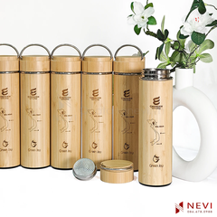 sản phẩm bình giữ nhiệt vỏ tre được Nevi khắc laze theo yêu cầu khách hàng