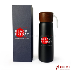 quà tặng bình giữ nhiệt màu đen, nắp gỗ, có quai xách, cung cấp bởi Quà tặng Nevi