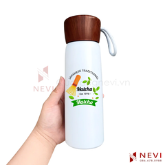 quà tặng bình giữ nhiệt nắp gỗ màu trắng in hình đẹp, cung cấp bởi Quà tặng Nevi