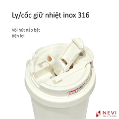 hình ảnh chi tiết miệng hút của cốc giữ nhiệt inox 316 màu trắng dạng nấc bật