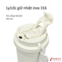 hình ảnh chi tiết miệng uống trực tiếp dạng nấc bật của cốc giữ nhiệt inox 316 màu trắng