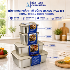 Hộp thực phẩm trữ đông Likado inox 304 nắp thông hơi dung tích 300ml, 500ml, 1100ml, 2400ml