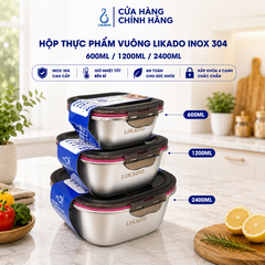 Hộp thực phẩm vuông Likado inox 304 dung tích 600ml, 1200ml, 2400ml