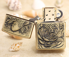 Zippo cá chép hoa sen đắp nổi