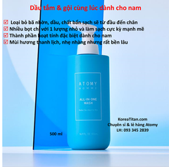 Dầu gội và sữa tắm 2 in 1 cấp ẩm cao và làm sạch sâu bã nhờn mạnh mẽ trên da cùng hương thơm lá cam Bergamot tự nhiên lôi cuốn dành cho nam 500ml - atomy homme all in one wash - 애터미 옴므 올인원 워시 - Атоми Шампунь и гель для душа для мужчин