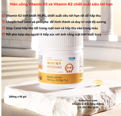 Viên uống bổ sung Vitamin D3 hàm lượng cao và Vitamin K2 chiết xuất siêu tới hạn giúp cơ thể dễ dàng liên kết Canxi được hấp thu vào máu và mô xương - Atomy Mega Vitamin D3 & K2 100mg x 90 viên - 애터미 메가 비타민D3K2