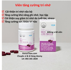Viên uống tăng cường trí nhớ dài hạn, cải thiện tình trạng hay quên, đãng trí ở cả học sinh trẻ tuổi lẫn người cao tuổi  (600mg x 60 viên) - Atomy Smart Memory Up - 애터미 스마트 메모리업 -  Умная память Atomy Up