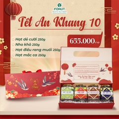 SET QUÀ 10 ( Gồm hộp quà, hạt dẻ cười, hạt macca, hạt điều rang muối, nho khô )