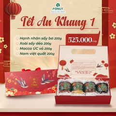 SET QUÀ 1 ( Gồm hộp quà, hạnh nhân sấy bơ, xoài sấy dẻo, macca Úc vỏ, nam việt quất )